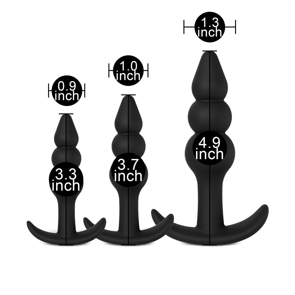 3 PCS Black Color Silicone Beaded Butt Plug Set