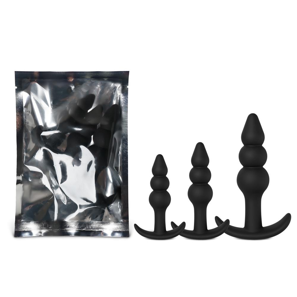 3 PCS Black Color Silicone Beaded Butt Plug Set