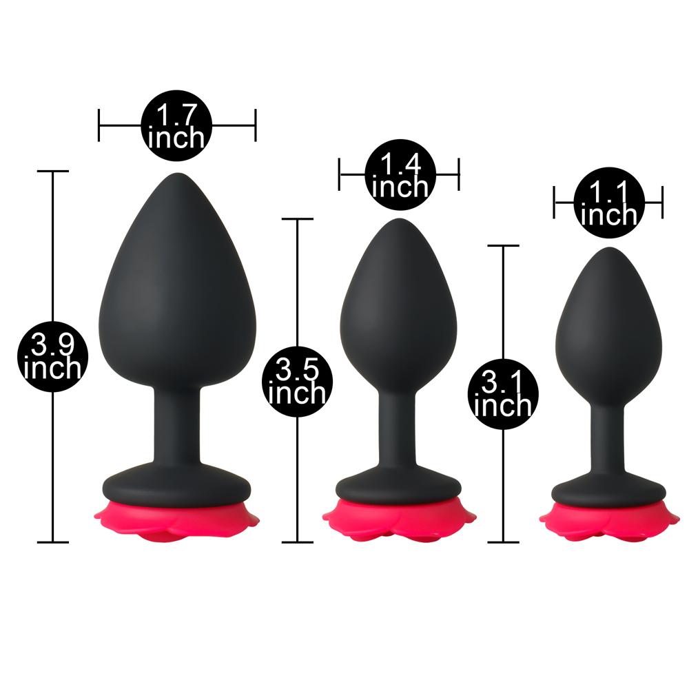 3-Piece Silicone Butt Plug Set with Rose-Shaped Red Base