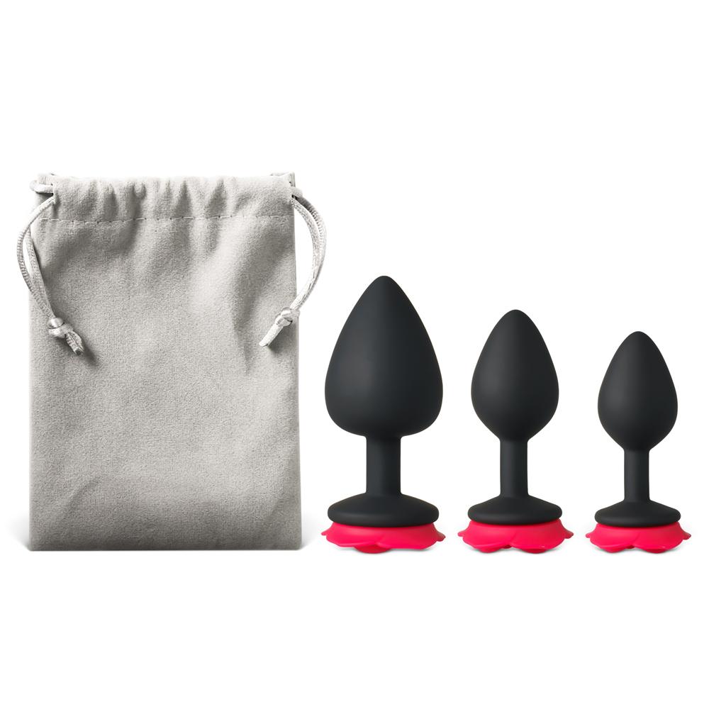 3-Piece Silicone Butt Plug Set with Rose-Shaped Red Base