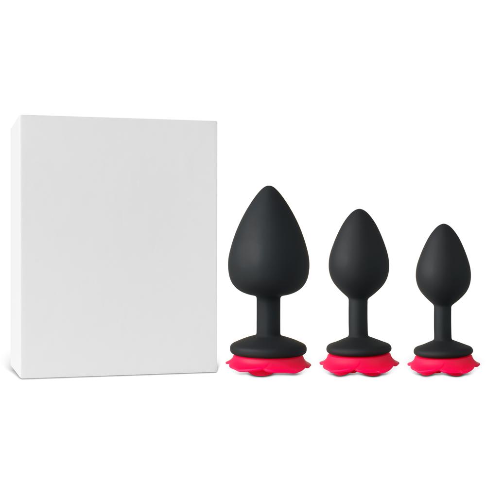 3-Piece Silicone Butt Plug Set with Rose-Shaped Red Base