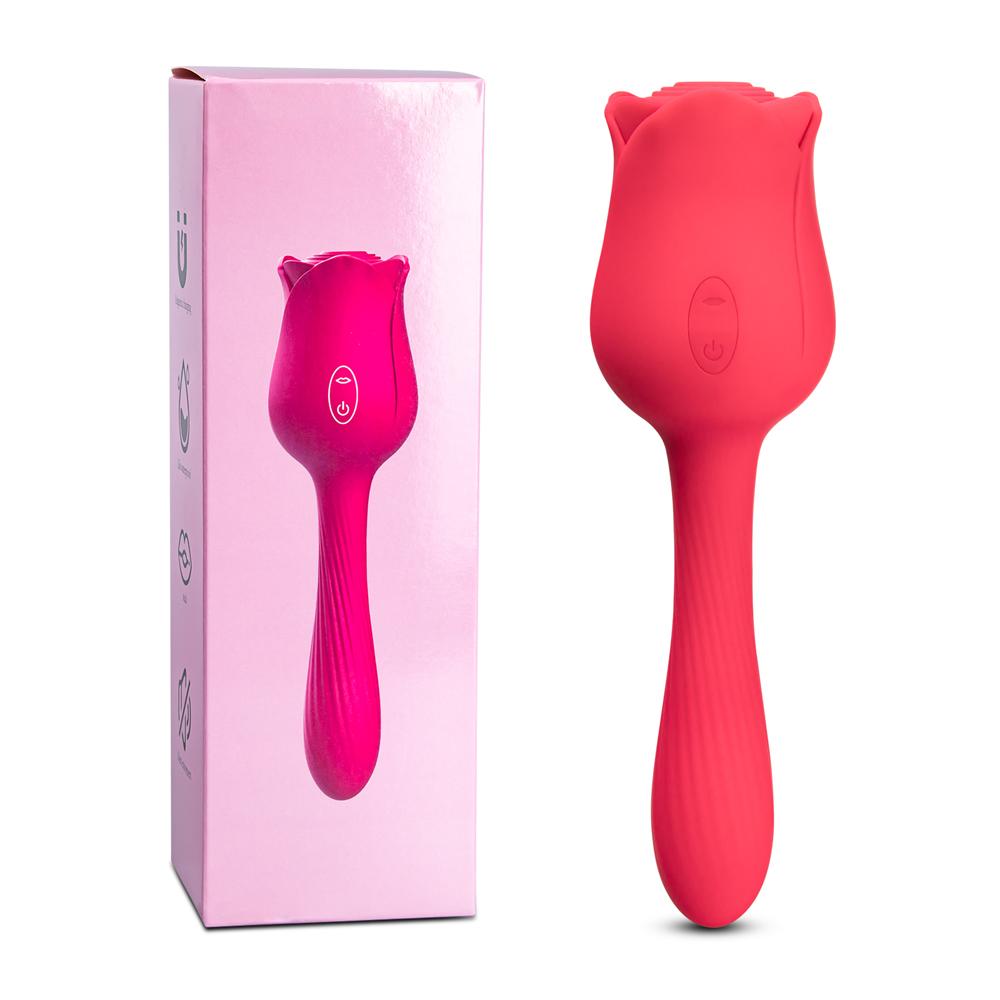 7-Function Red Color Silicone Clitoral Rose Sucking Massager with Classic Vibrator