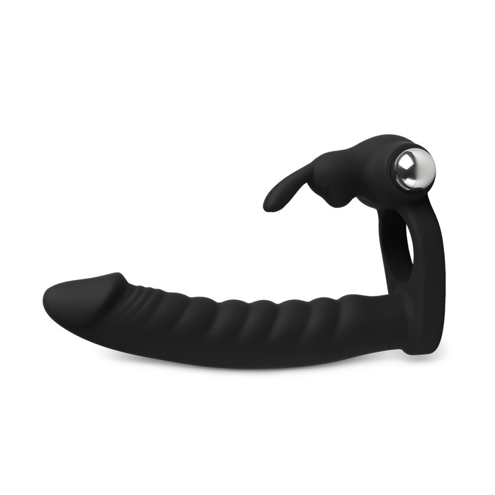 7-Speed Black Color Silicone Vibrating Rabbit Cock Ring with Realistic Dildo