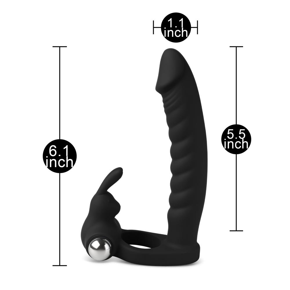 7-Speed Black Color Silicone Vibrating Rabbit Cock Ring with Realistic Dildo