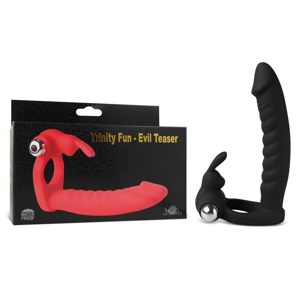 7-Speed Black Color Silicone Vibrating Rabbit Cock Ring with Realistic Dildo