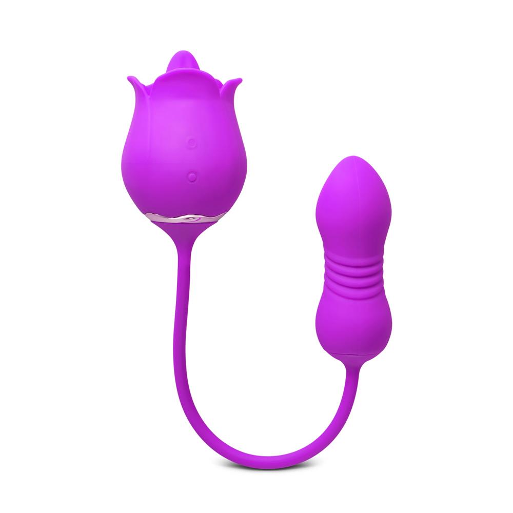 9-Speed Purple Color Silicone Rose Sex Toy with Vibrating Tongue and Thrusting Egg