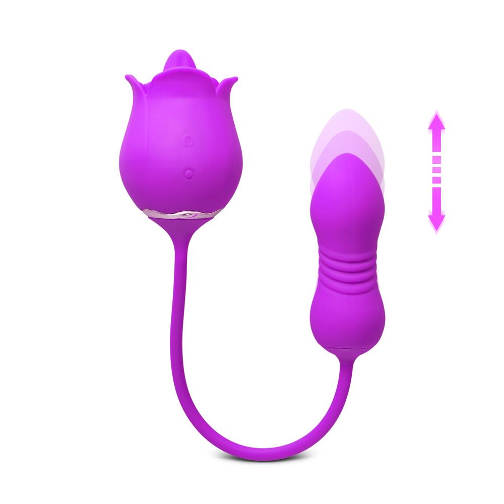 9-Speed Purple Color Silicone Rose Sex Toy with Vibrating Tongue and Thrusting Egg