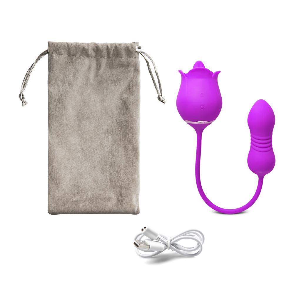 9-Speed Purple Color Silicone Rose Sex Toy with Vibrating Tongue and Thrusting Egg