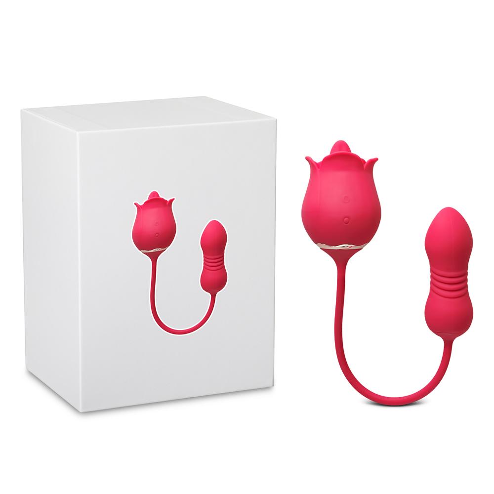 9-Speed Red Color Silicone Rose Sex Toy with Vibrating Tongue and Thrusting Egg