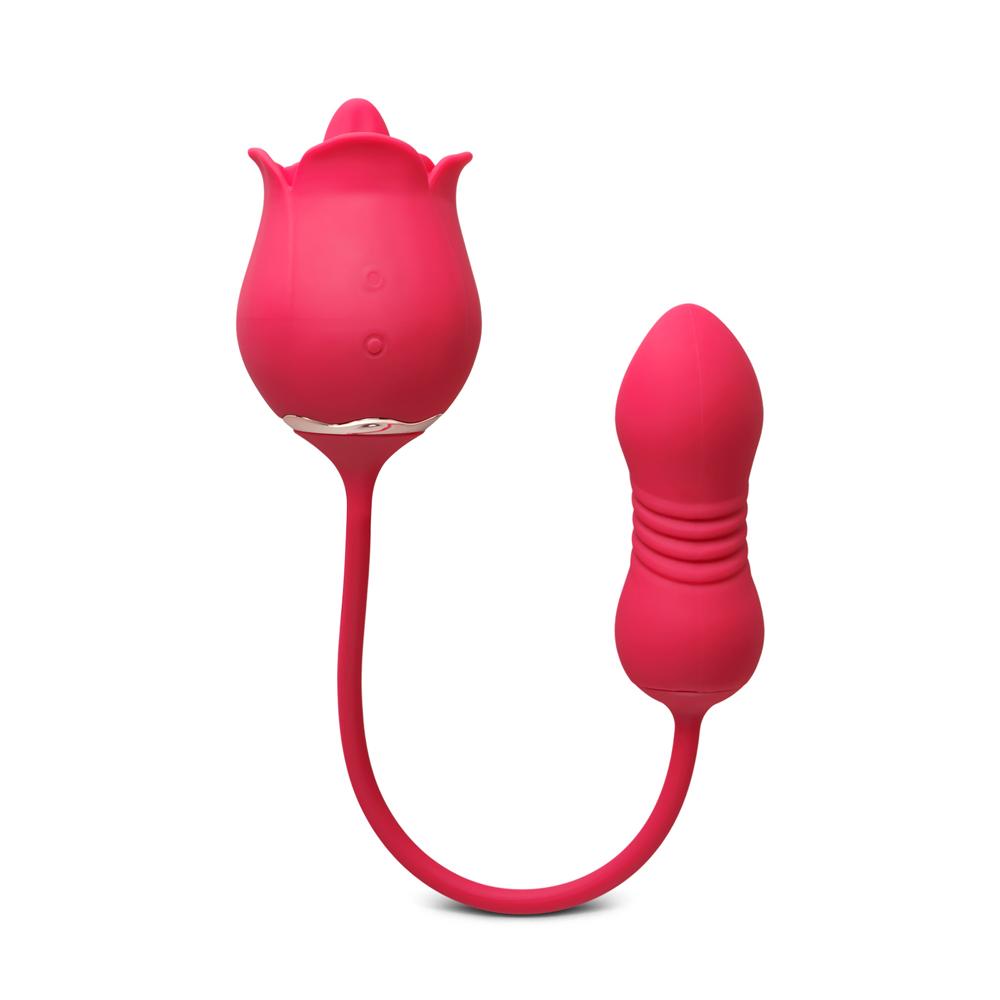 9-Speed Red Color Silicone Rose Sex Toy with Vibrating Tongue and Thrusting Egg