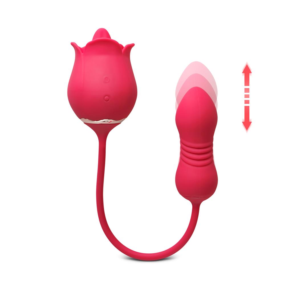 9-Speed Red Color Silicone Rose Sex Toy with Vibrating Tongue and Thrusting Egg