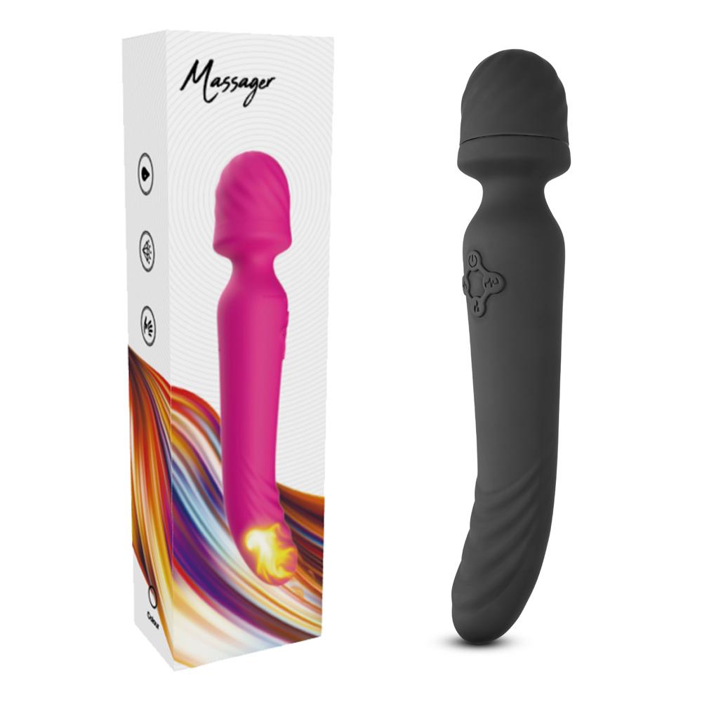 Black Color 9 Speeds Rechargeable Silicone Wand Massager with Heating Function