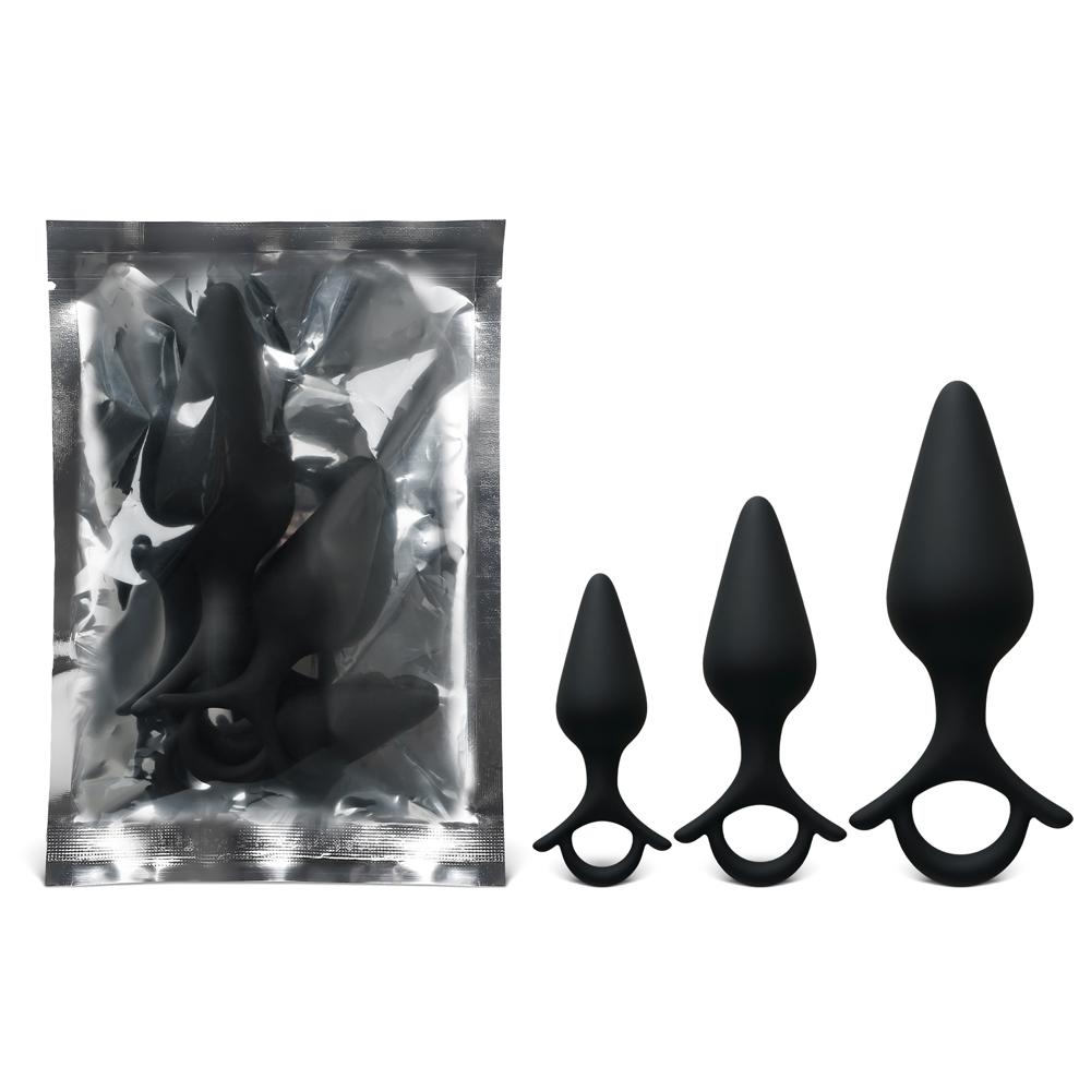 Black Color Silicone Butt Plug Set with Ring