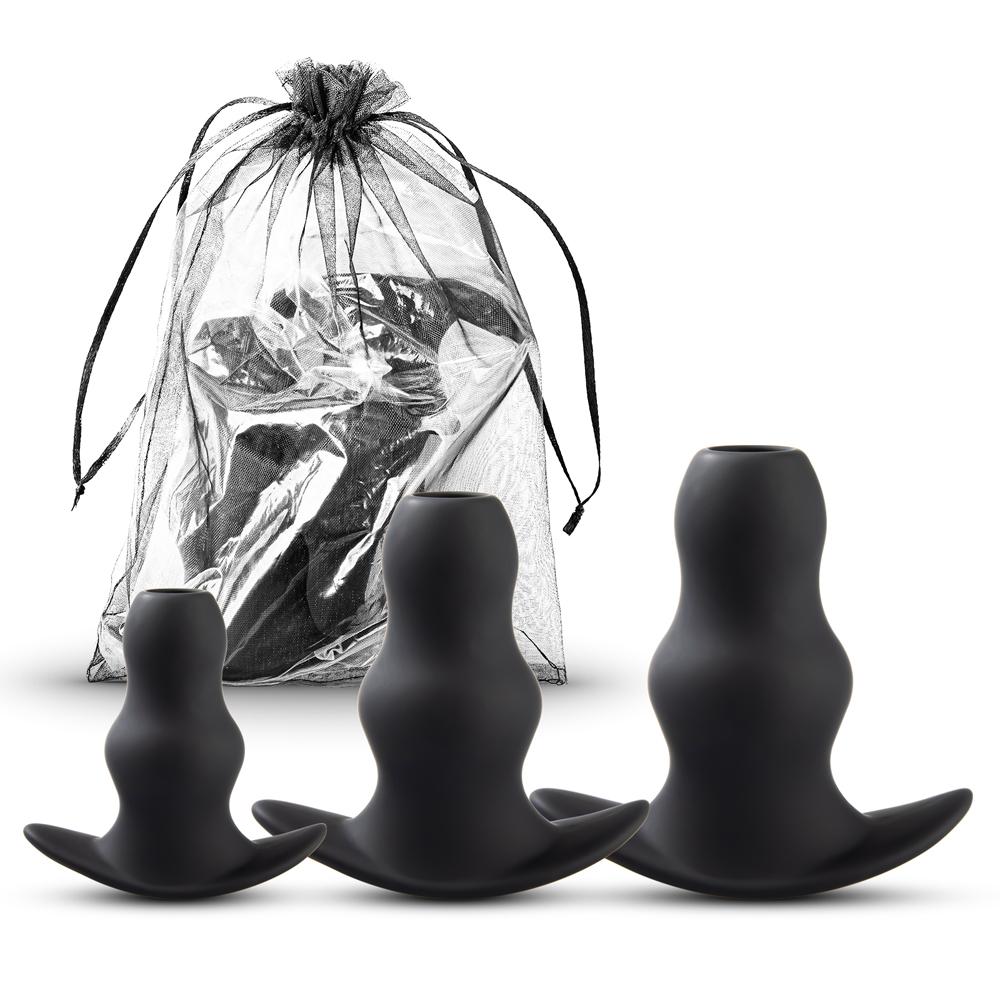 Black Color Silicone Hollow Butt Plug Set ( 3 PCS )