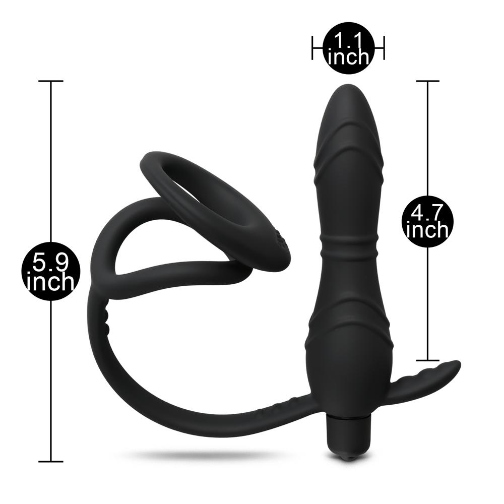 Black Color Silicone Vibrating Butt Plug with 2 Cock Rings