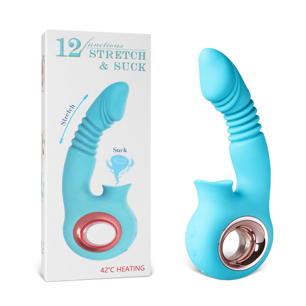 Cyan Color 12-Speed Rechargeable Silicone Thrusting & Sucking Vibrator