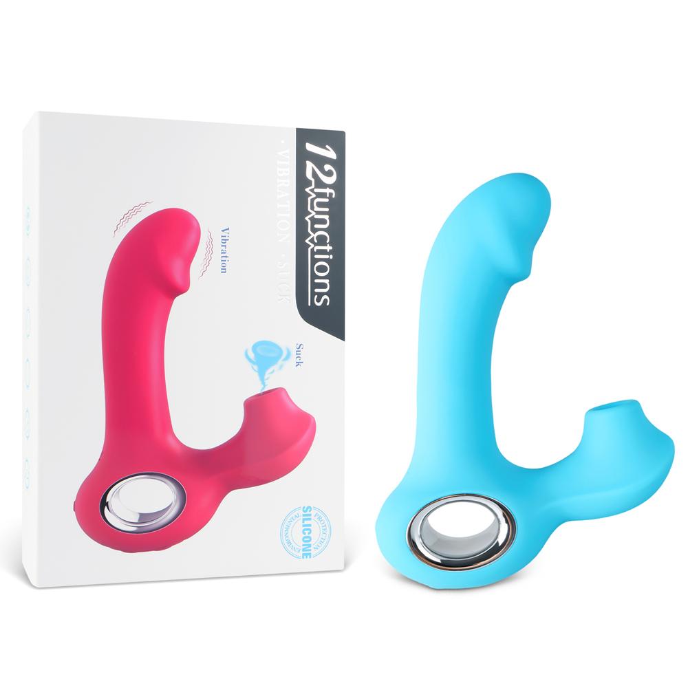 Cyan Color 12-Speed Rechargeable Silicone Vibrator with Sucking Function