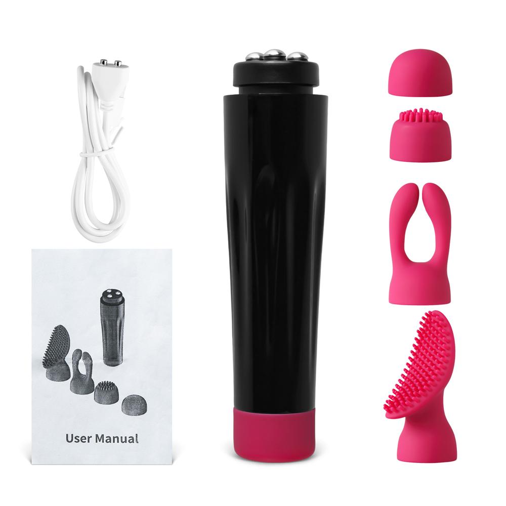 Magenta and Black10-Speed Rechargeable Vibrator with 4 Silicone Heads