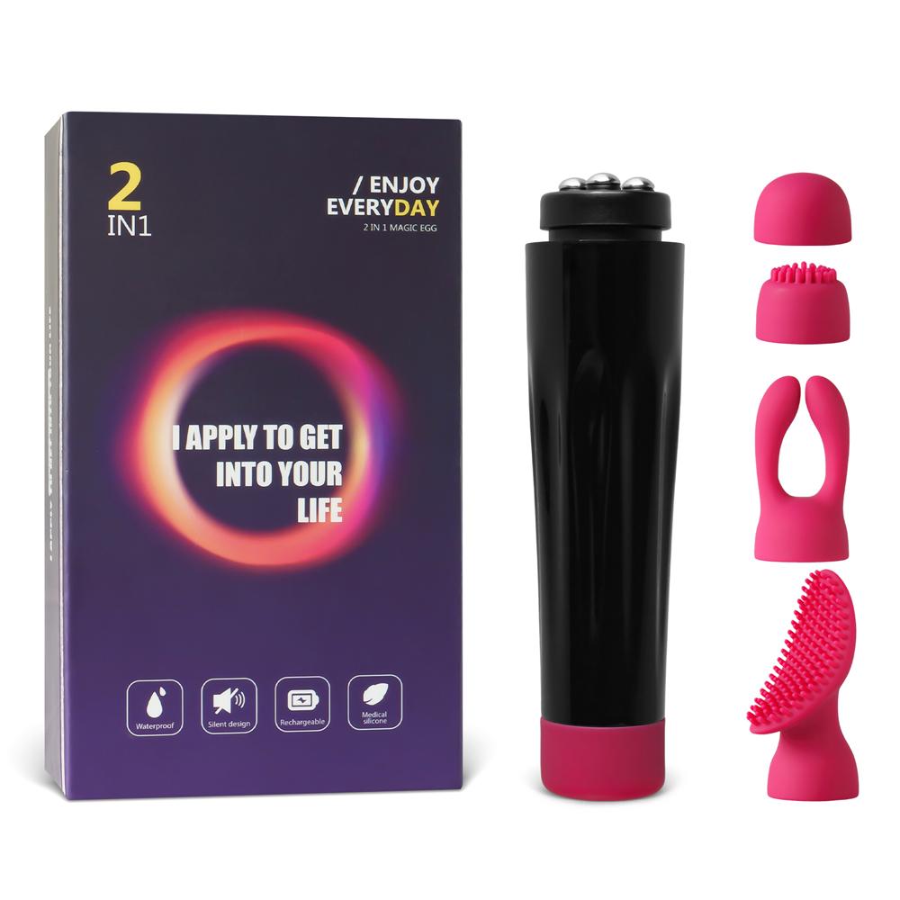 Magenta and Black10-Speed Rechargeable Vibrator with 4 Silicone Heads