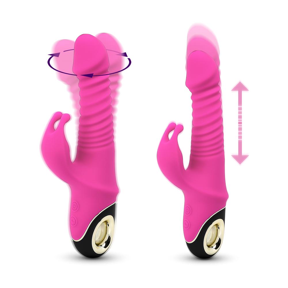 Magenta Color 9 Speeds Rechargeable Silicone Thrusting Rabbit Vibrator with Rotation