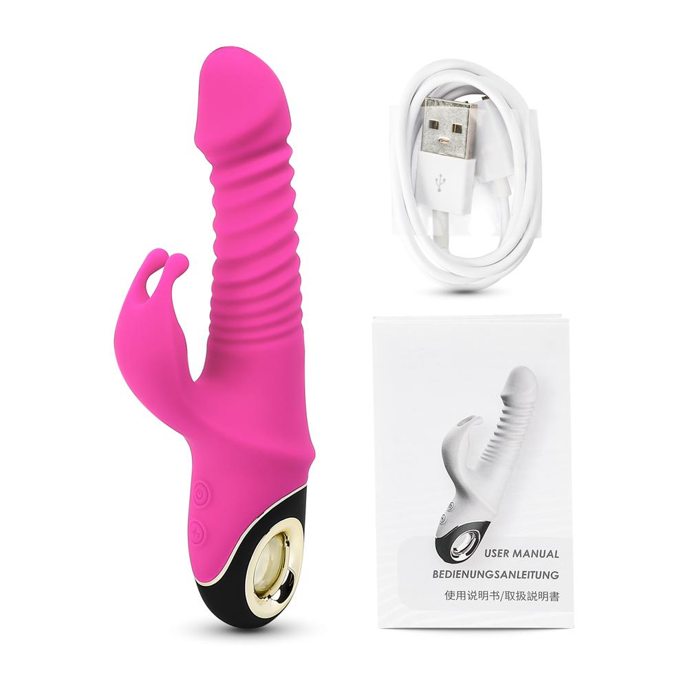 Magenta Color 9 Speeds Rechargeable Silicone Thrusting Rabbit Vibrator with Rotation