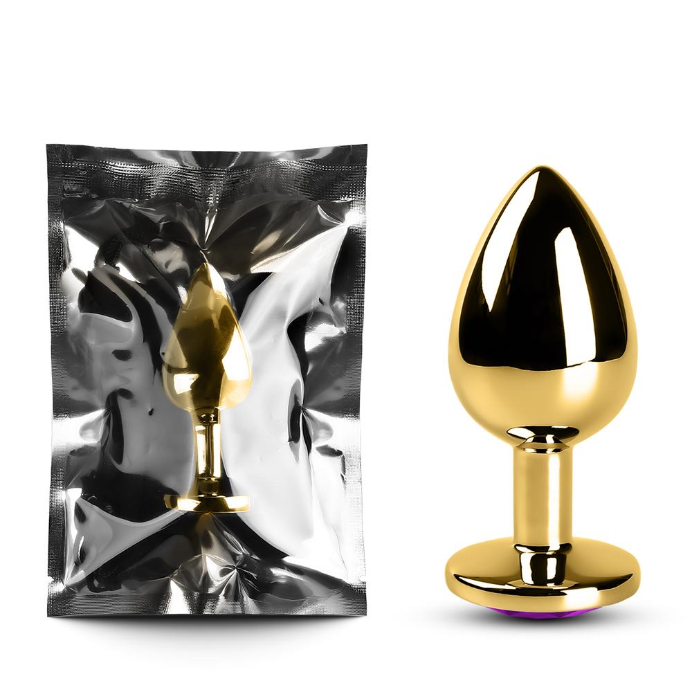 Medium Golden Metallic Anal Plug with Purple Diamond