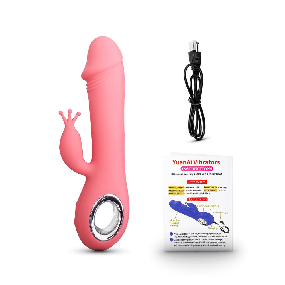 Pink Color 7 Speeds Rechargeable Silicone Penis Shape Vibrator with Rotation and Heating