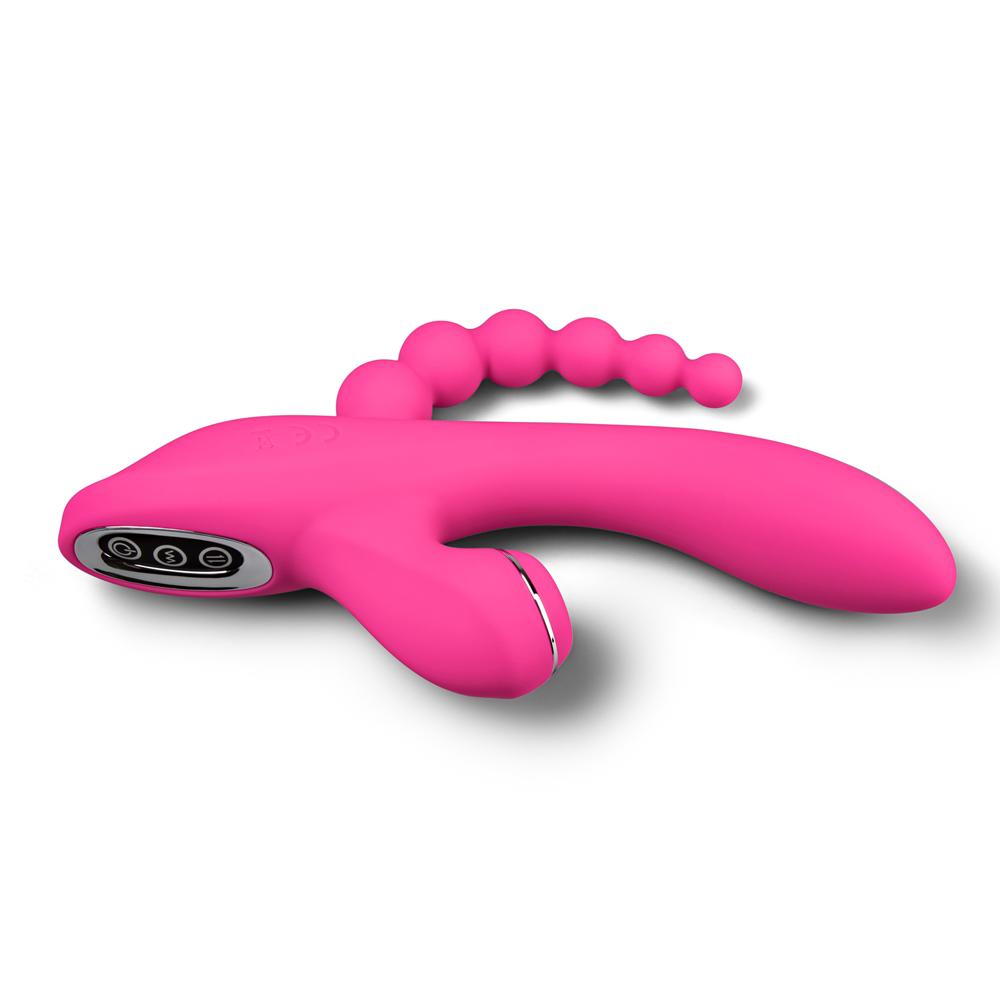 Pink Color 7 Speeds Rechargeable Silicone Vibrator with Clitoral Sucking Function and Anal Beads