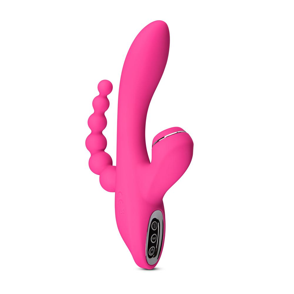 Pink Color 7 Speeds Rechargeable Silicone Vibrator with Clitoral Sucking Function and Anal Beads