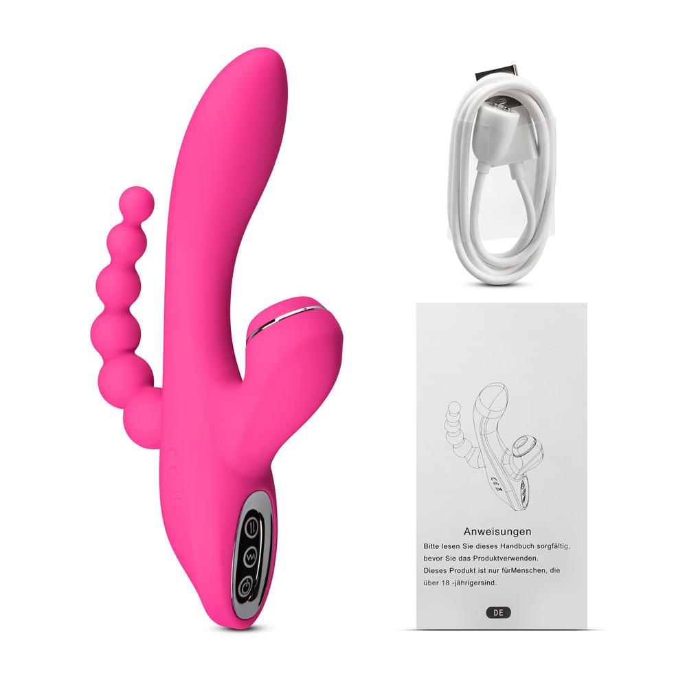 Pink Color 7 Speeds Rechargeable Silicone Vibrator with Clitoral Sucking Function and Anal Beads