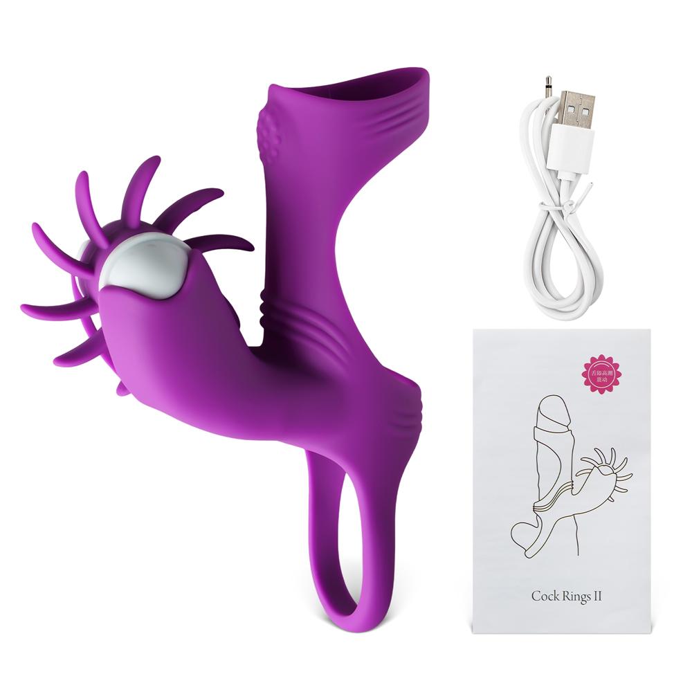 Purple 10-Speed Vibrating & Tongue-Licking Double Cock Rings