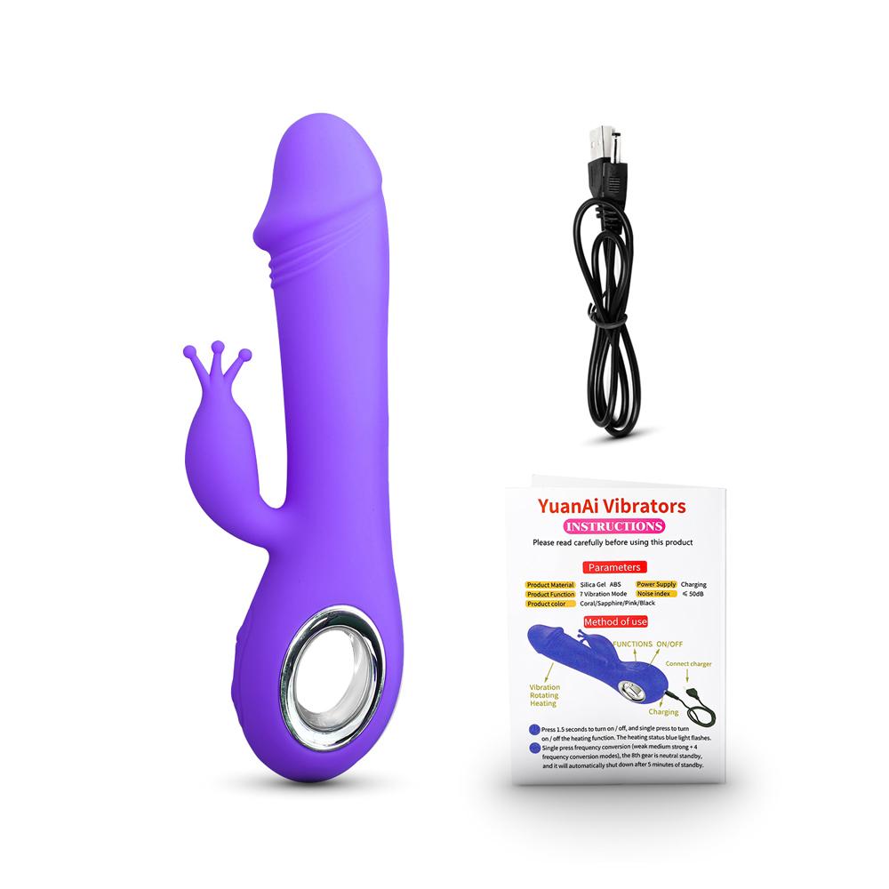 Purple Color 7 Speeds Rechargeable Silicone Penis Shape Vibrator with Rotation and Heating