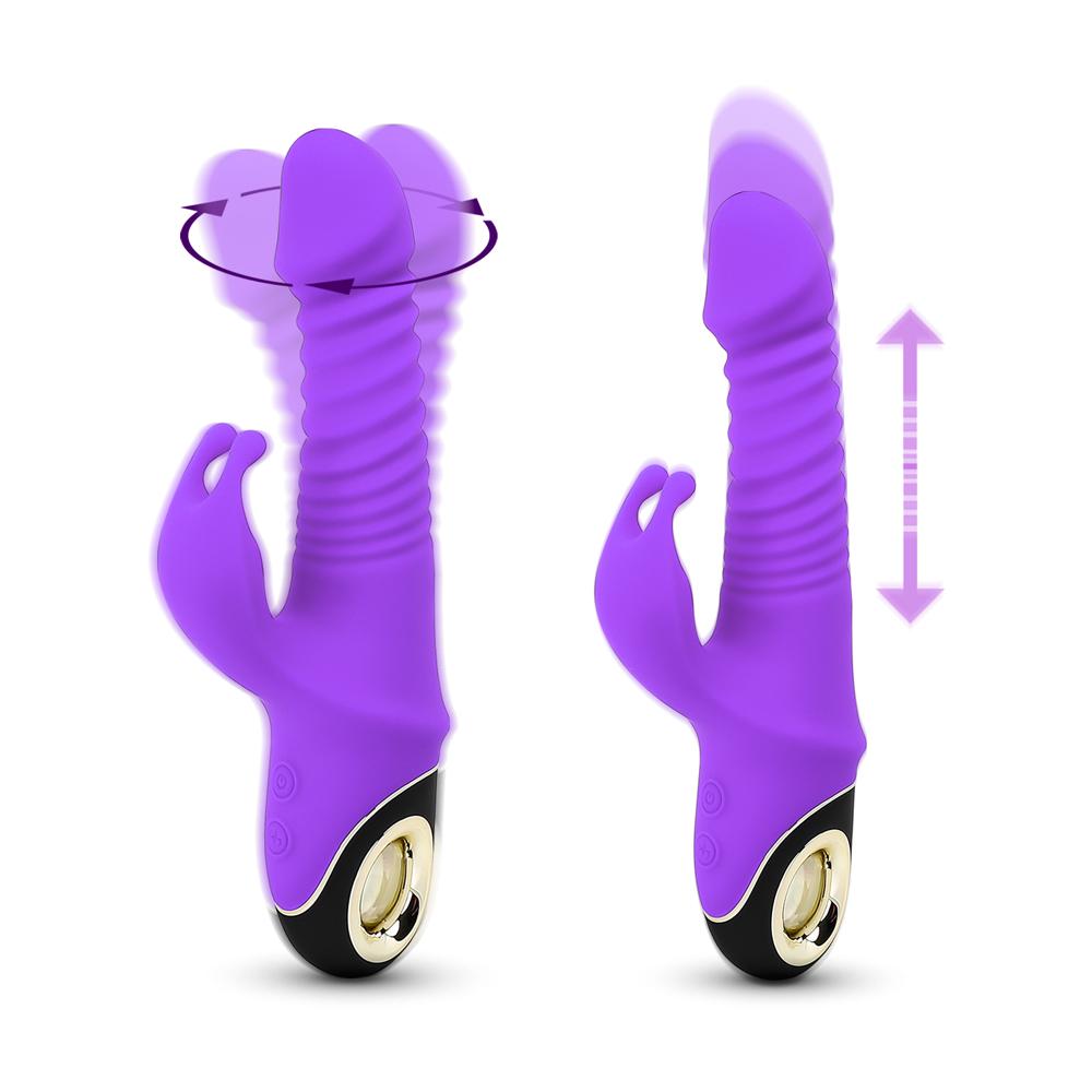 Purple Color 9 Speeds Rechargeable Silicone Thrusting Rabbit Vibrator with Rotation