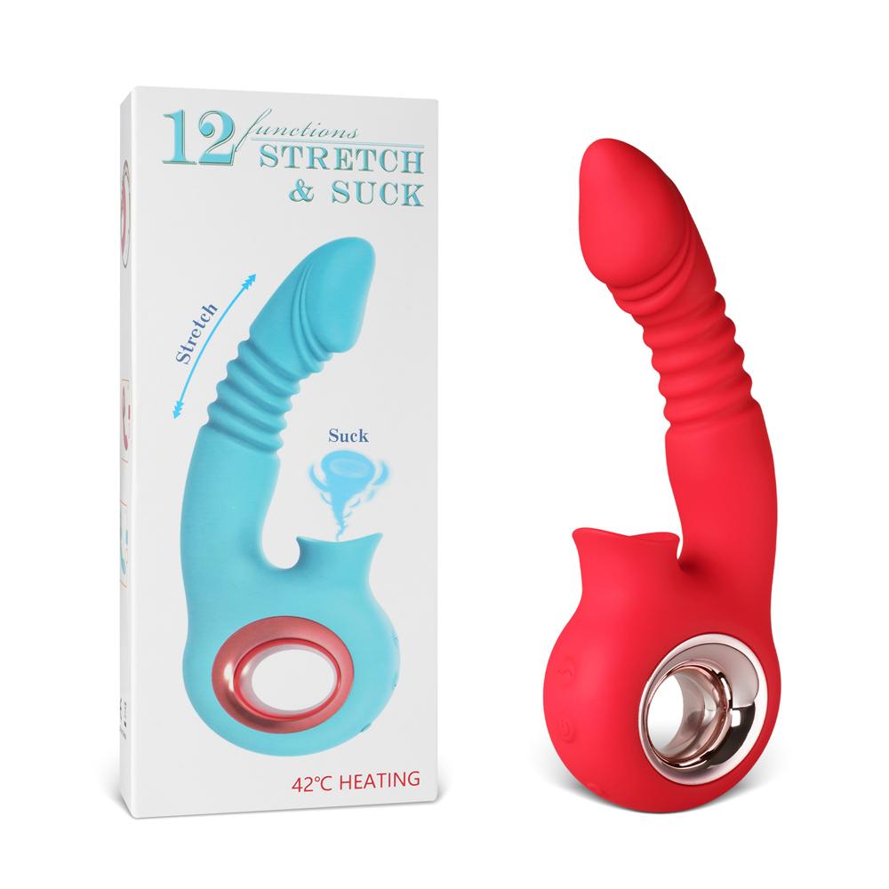 Red Color 12-Speed Rechargeable Silicone Thrusting & Sucking Vibrator