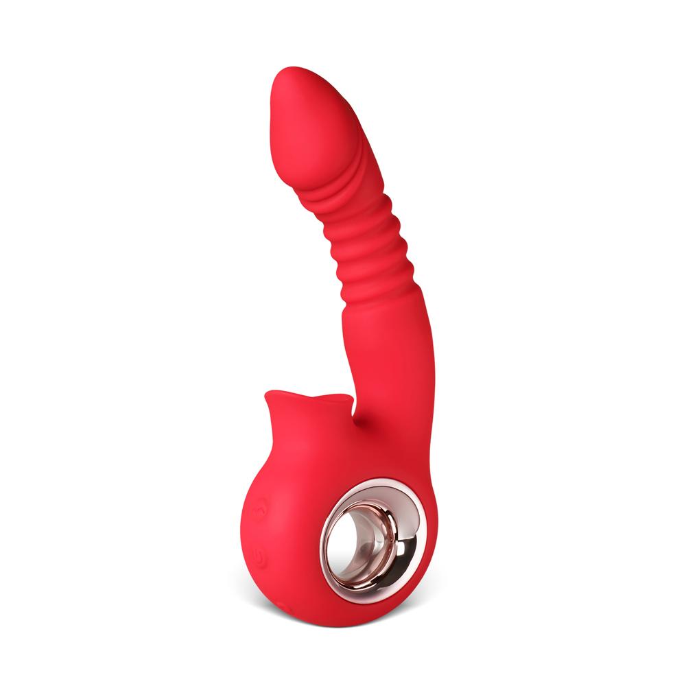 Red Color 12-Speed Rechargeable Silicone Thrusting & Sucking Vibrator