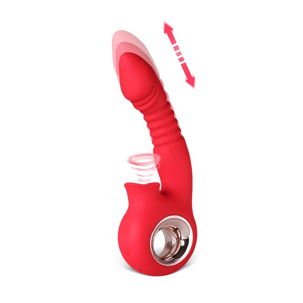 Red Color 12-Speed Rechargeable Silicone Thrusting & Sucking Vibrator