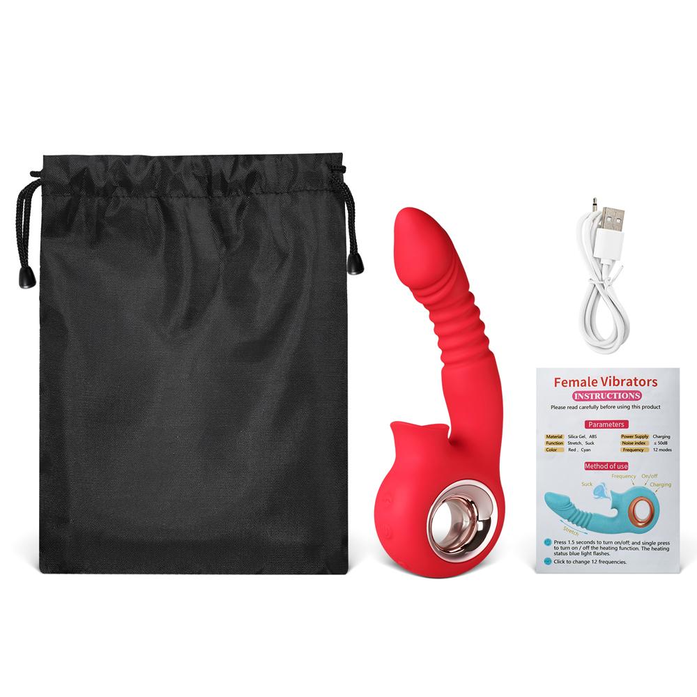 Red Color 12-Speed Rechargeable Silicone Thrusting & Sucking Vibrator