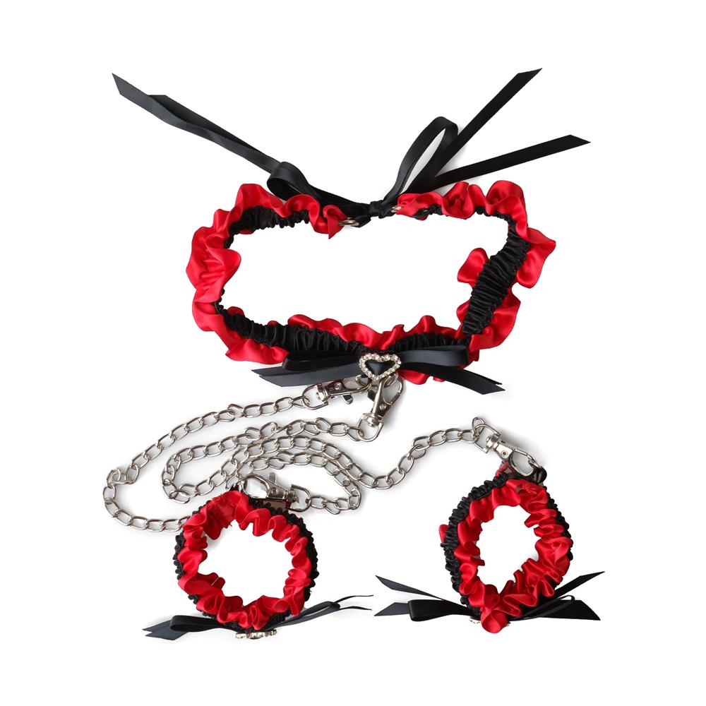 Red Color Collar and Wrist Restraint Kit with Metal Chain