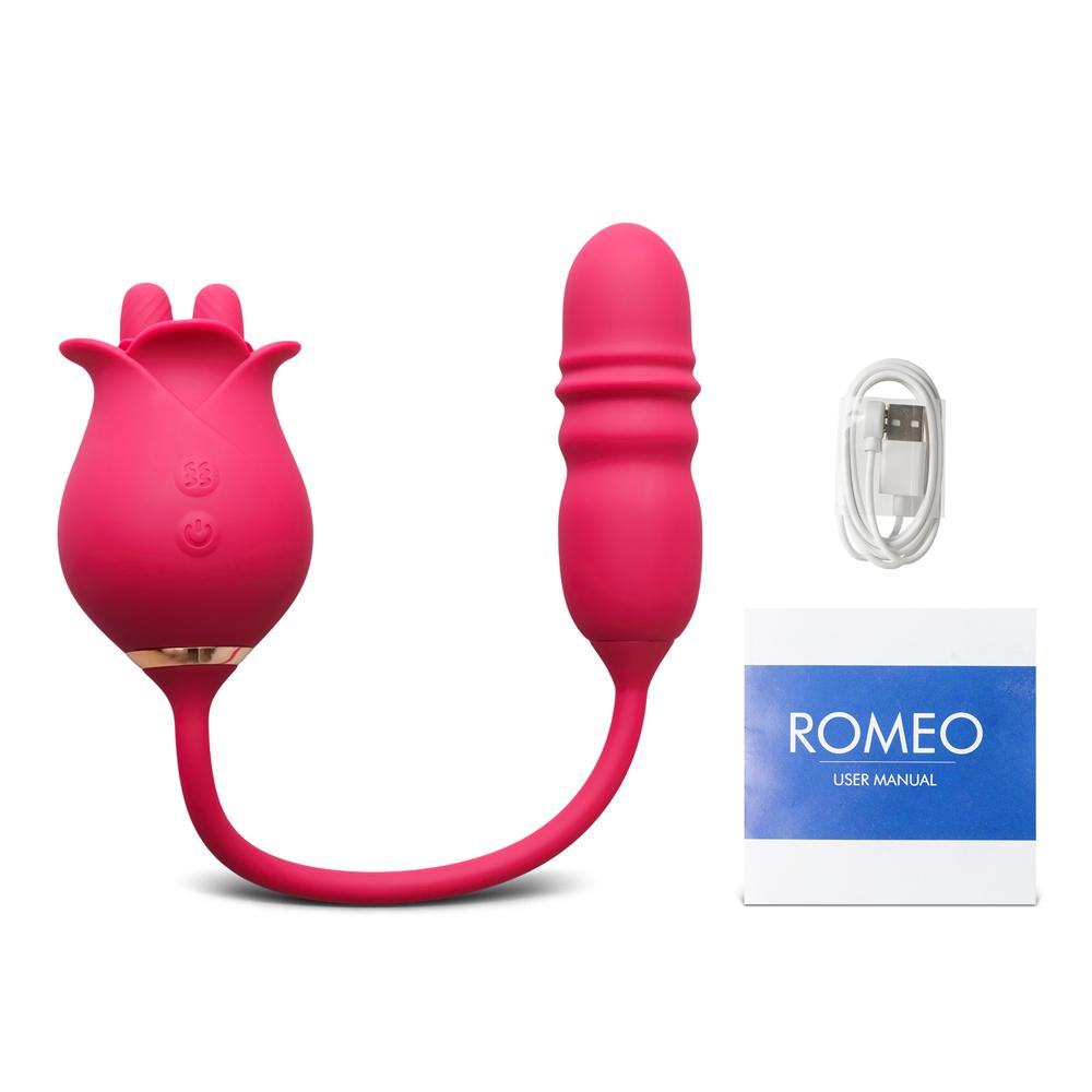 Red Color Silicone Clitoral Rose Stimulator with Thrusting Vibrator