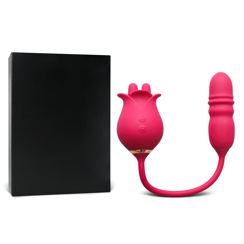 Red Color Silicone Clitoral Rose Stimulator with Thrusting Vibrator