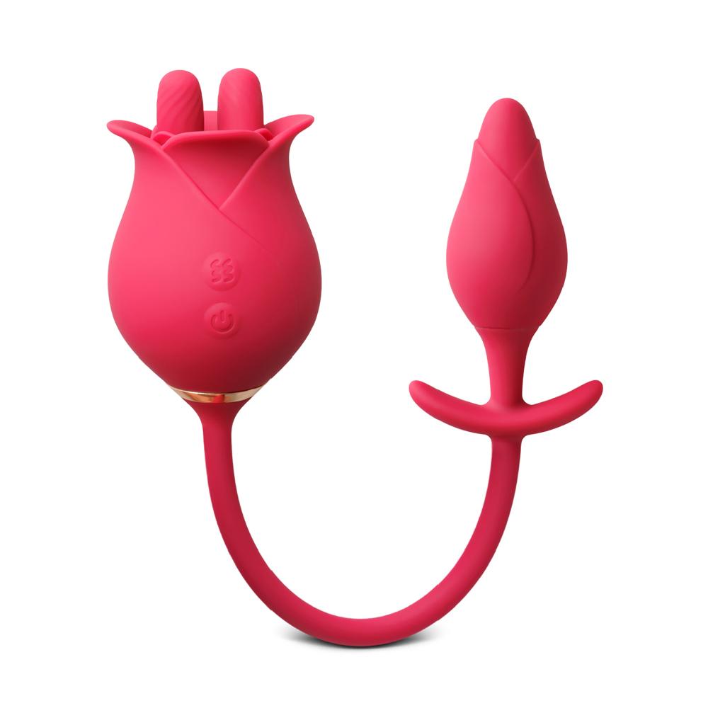 Red Color Silicone Clitoral Rose Stimulator with Vibrating Anal Plug