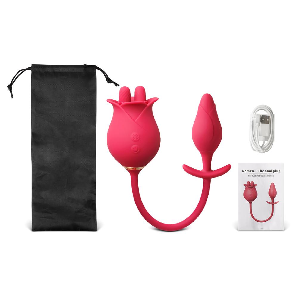 Red Color Silicone Clitoral Rose Stimulator with Vibrating Anal Plug