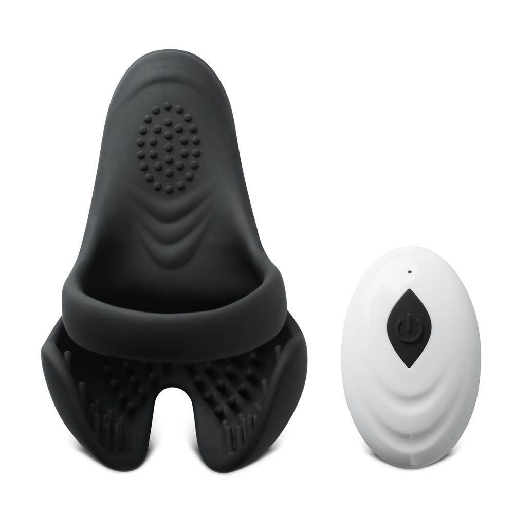 Remote Control Black Color Silicone Vibrating Cock Ring with Balls Holder