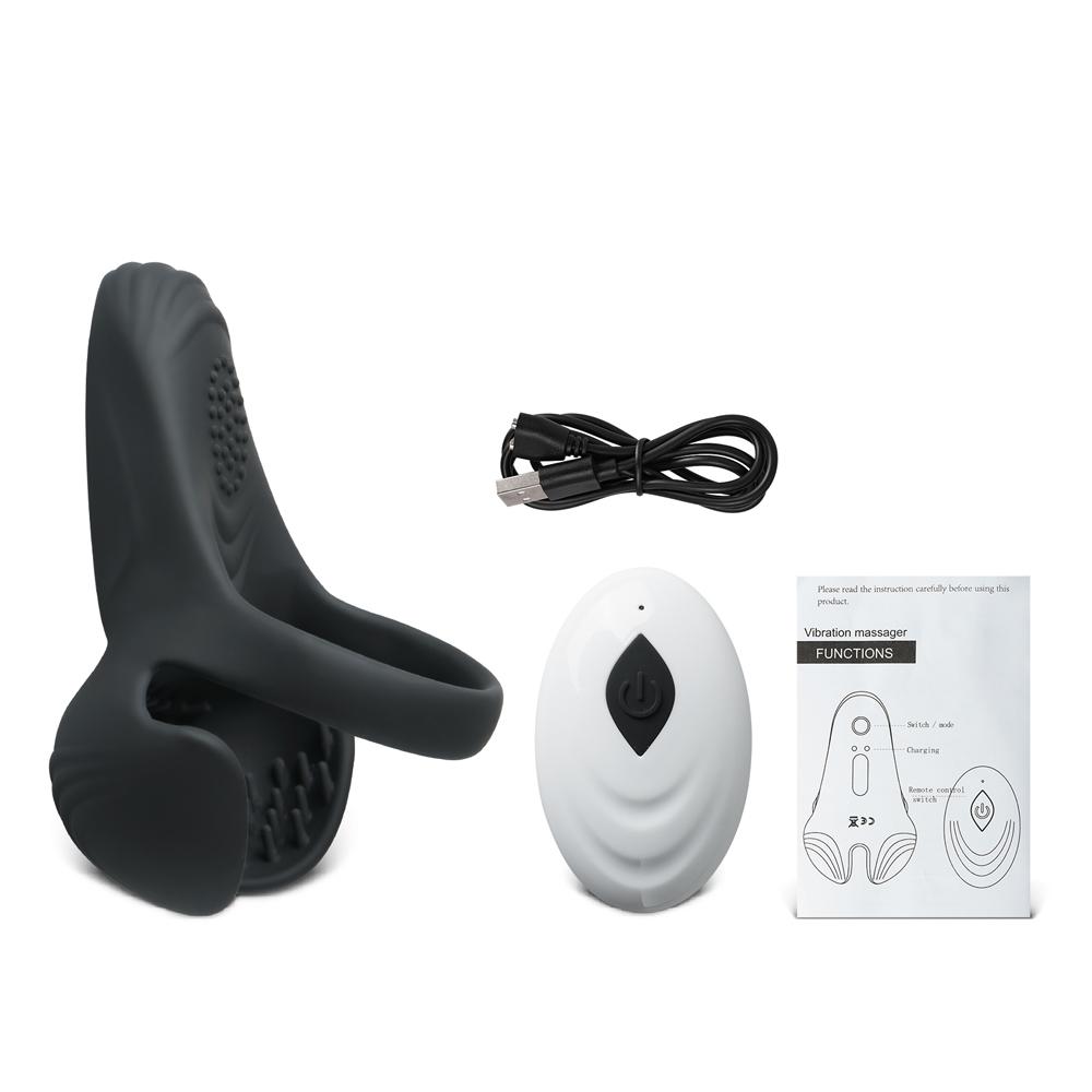 Remote Control Black Color Silicone Vibrating Cock Ring with Balls Holder