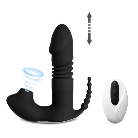 12-Speed Remote Control Black Silicone Thrusting Vibrator with Sucking Function