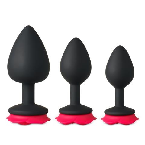 3-Piece Silicone Butt Plug Set with Rose-Shaped Red Base