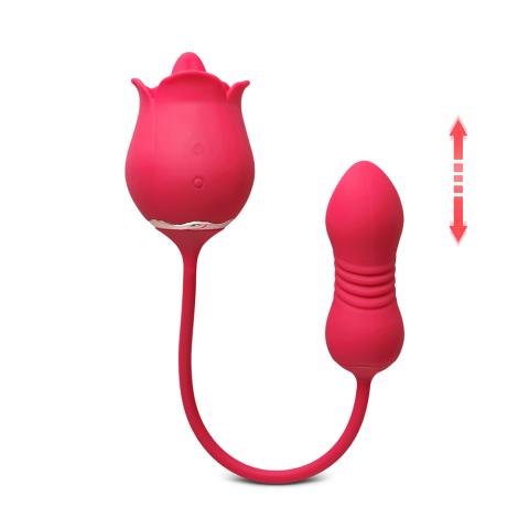 9-Speed Red Color Silicone Rose Sex Toy with Vibrating Tongue and Thrusting Egg